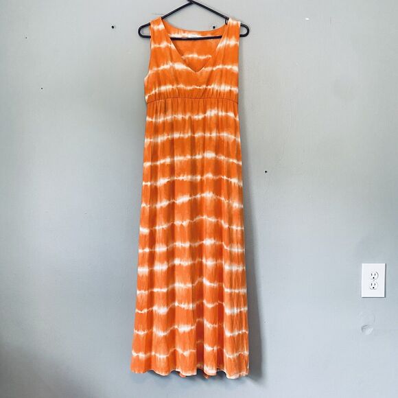 Chicos Dress Size Medium Orange Tie Dye Maxi Sleeveless Summer Sundress - Picture 1 of 4